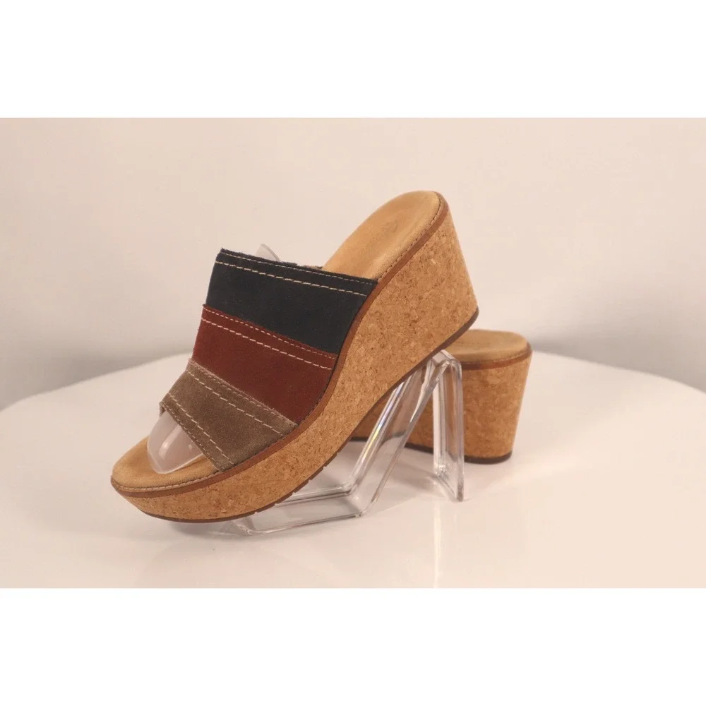 Clarks Artisan Ainsley Lily Multi Color‎ Suede Cork Wedge Sandal Shoes Womens 8M